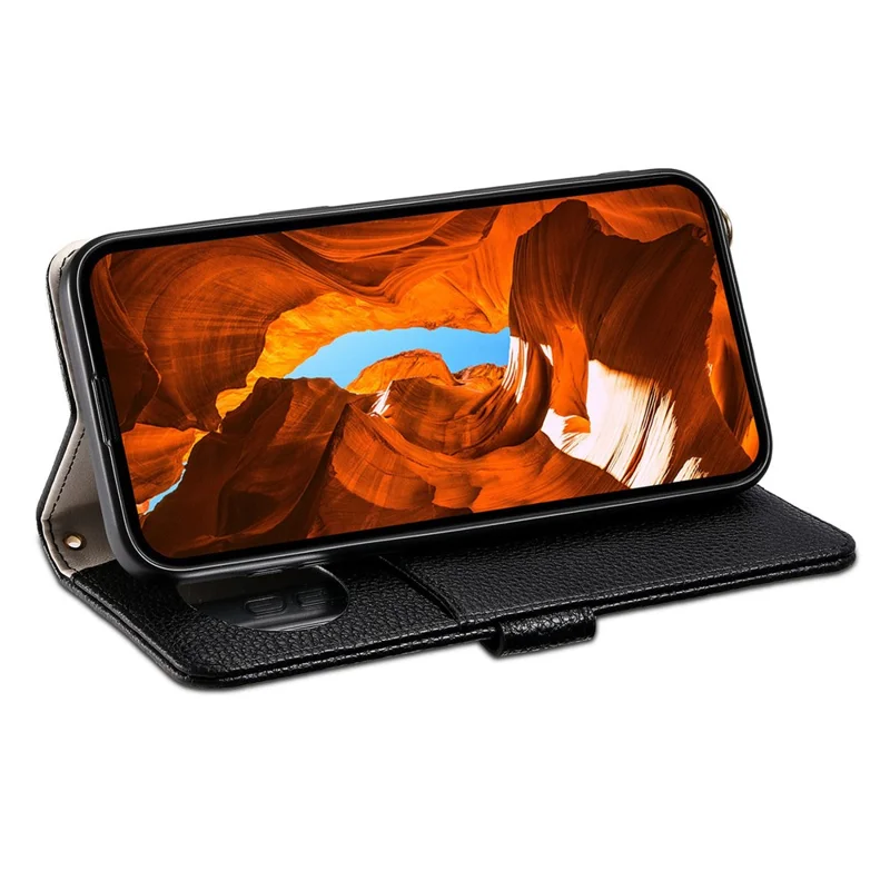 ESEBLE E11 For Samsung Galaxy S25 Ultra Case Zipper Pocket Litchi Texture Leather Phone Cover with Mirror and Wrist Strap - Black