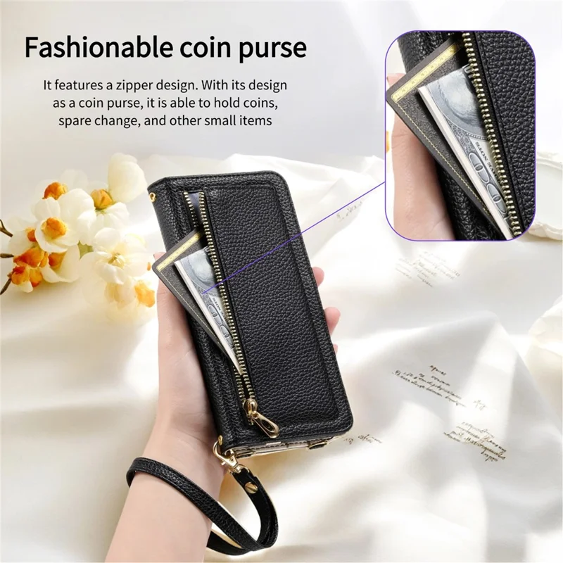 ESEBLE E11 For Samsung Galaxy S25 Ultra Case Zipper Pocket Litchi Texture Leather Phone Cover with Mirror and Wrist Strap - Black