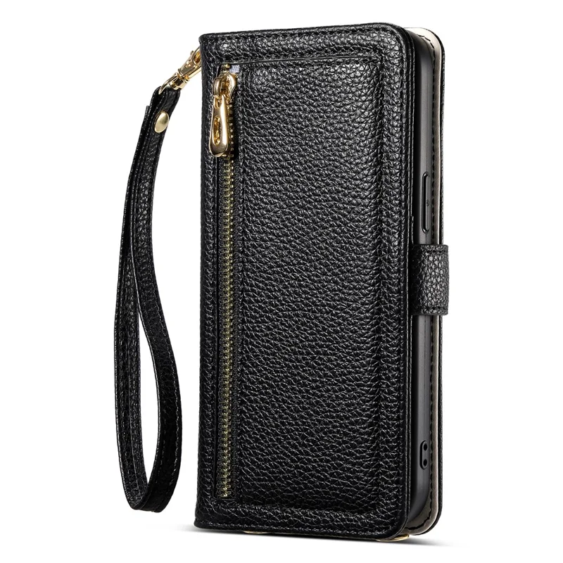 ESEBLE E11 For Samsung Galaxy S25 Ultra Case Zipper Pocket Litchi Texture Leather Phone Cover with Mirror and Wrist Strap - Black