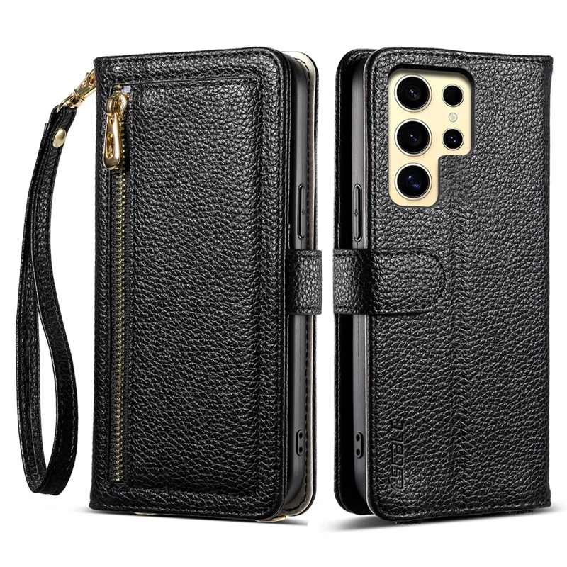 ESEBLE E11 For Samsung Galaxy S24 Ultra Case Zipper Pocket Litchi Texture Leather Phone Cover with Mirror and Wrist Strap - Black