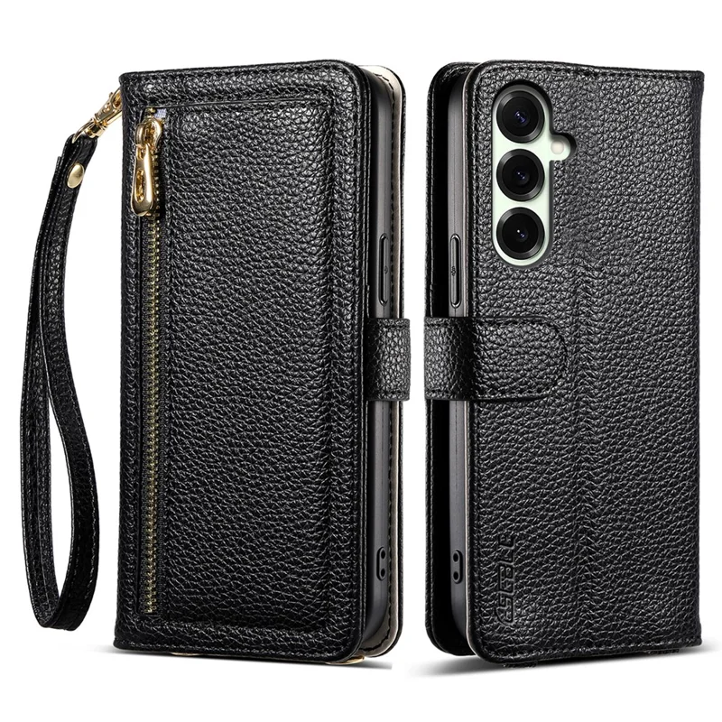 ESEBLE E11 For Samsung Galaxy S25+ Case Zipper Pocket Litchi Texture Leather Phone Cover with Mirror and Wrist Strap - Black