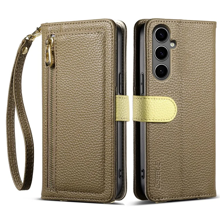 ESEBLE E11 Étui pour Samsung Galaxy S24+ avec Pochette à Fermeture Éclair, Texture de Cuir Grenue, Miroir et Dragonne - Marron