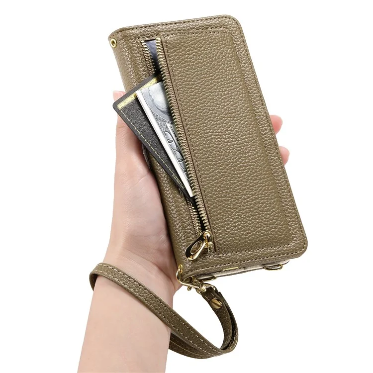ESEBLE E11 Étui pour Samsung Galaxy S24+ avec Pochette à Fermeture Éclair, Texture de Cuir Grenue, Miroir et Dragonne - Marron