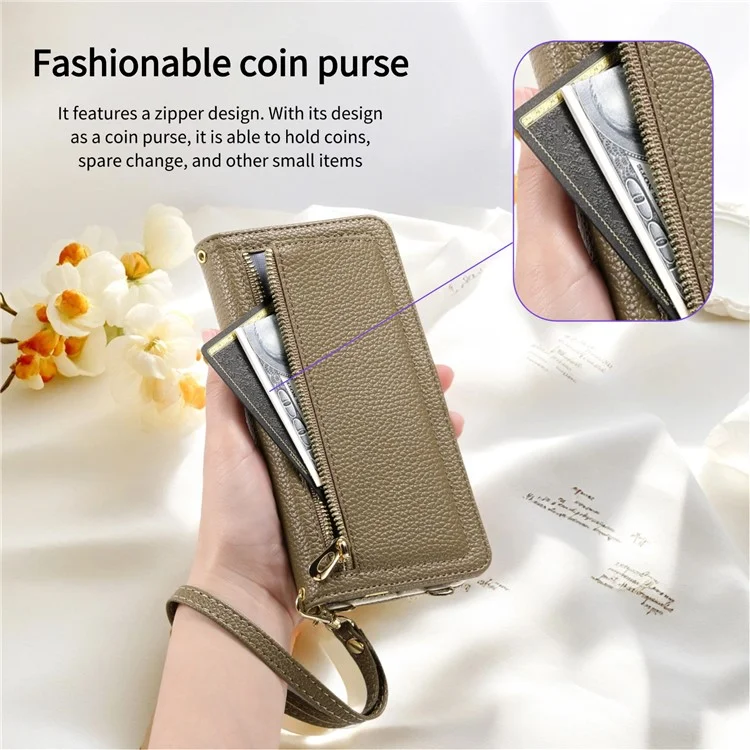 ESEBLE E11 Étui pour Samsung Galaxy S24+ avec Pochette à Fermeture Éclair, Texture de Cuir Grenue, Miroir et Dragonne - Marron