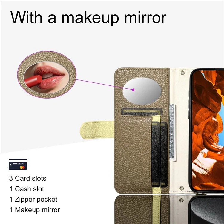 ESEBLE E11 Étui pour Samsung Galaxy S24+ avec Pochette à Fermeture Éclair, Texture de Cuir Grenue, Miroir et Dragonne - Marron
