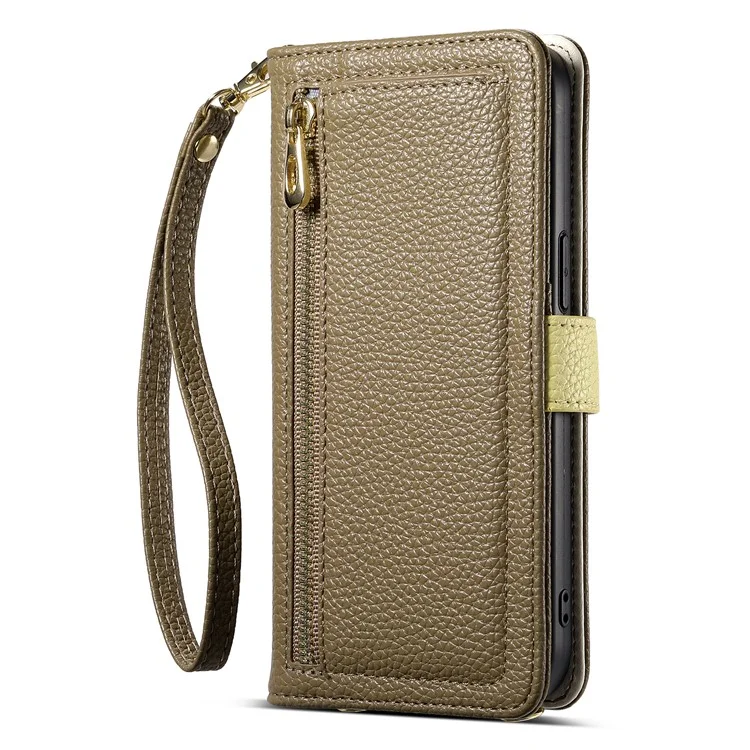 ESEBLE E11 Étui pour Samsung Galaxy S24+ avec Pochette à Fermeture Éclair, Texture de Cuir Grenue, Miroir et Dragonne - Marron