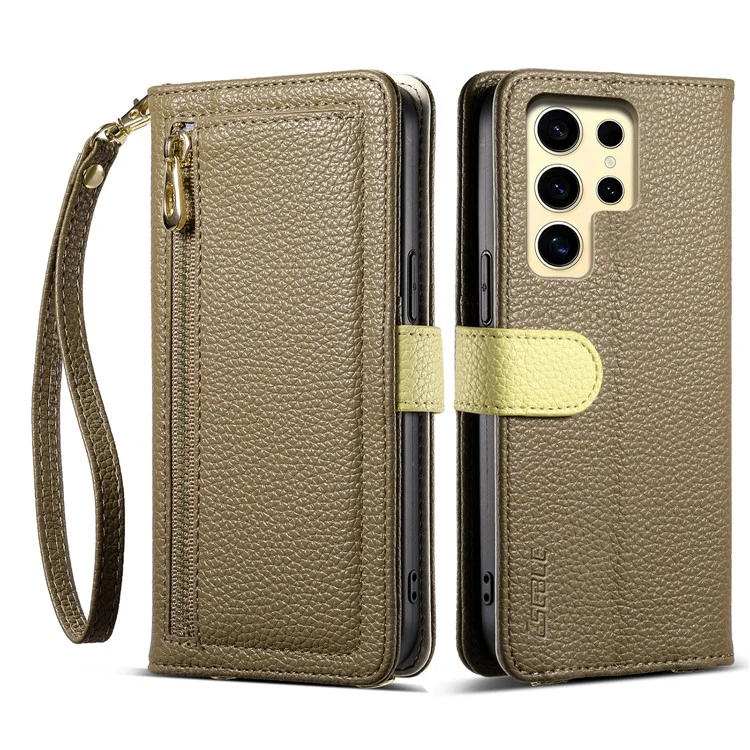 ESEBLE E11 For Samsung Galaxy S23 Ultra Case Zipper Pocket Litchi Texture Leather Phone Cover with Mirror and Wrist Strap - Brown
