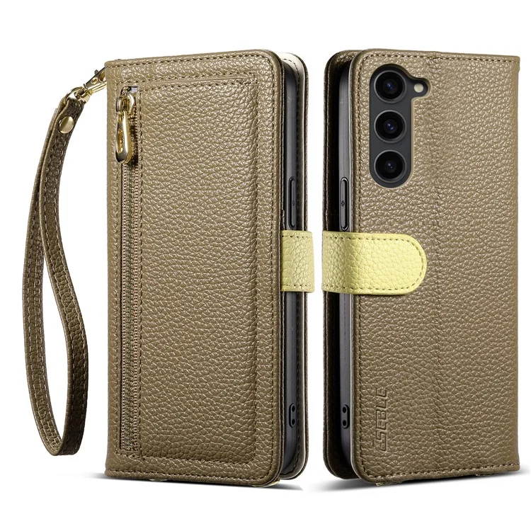 ESEBLE E11 For Samsung Galaxy S23+ Case Zipper Pocket Litchi Texture Leather Phone Cover with Mirror and Wrist Strap - Brown
