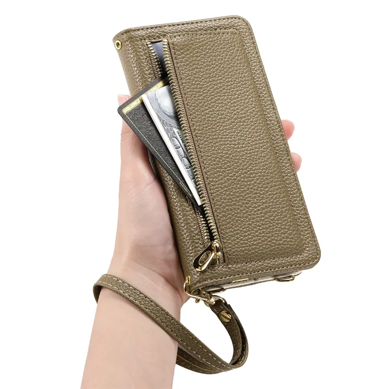 ESEBLE E11 For Samsung Galaxy S23+ Case Zipper Pocket Litchi Texture Leather Phone Cover with Mirror and Wrist Strap - Brown