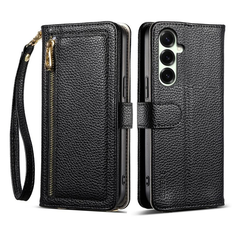 ESEBLE E11 For Samsung Galaxy S23 FE Case Zipper Pocket Litchi Texture Leather Phone Cover with Mirror and Wrist Strap - Black