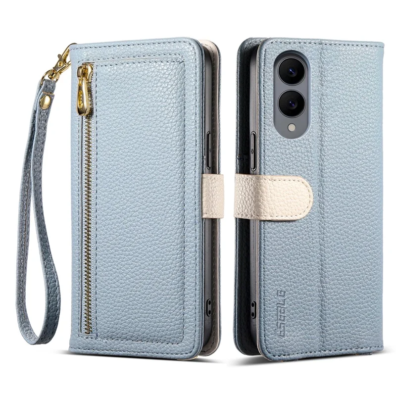 ESEBLE E11 Handyhülle für Samsung Galaxy S25 Edge mit Reißverschlusstasche, Lederstruktur, Spiegel und Handschlaufe - Himmelblau