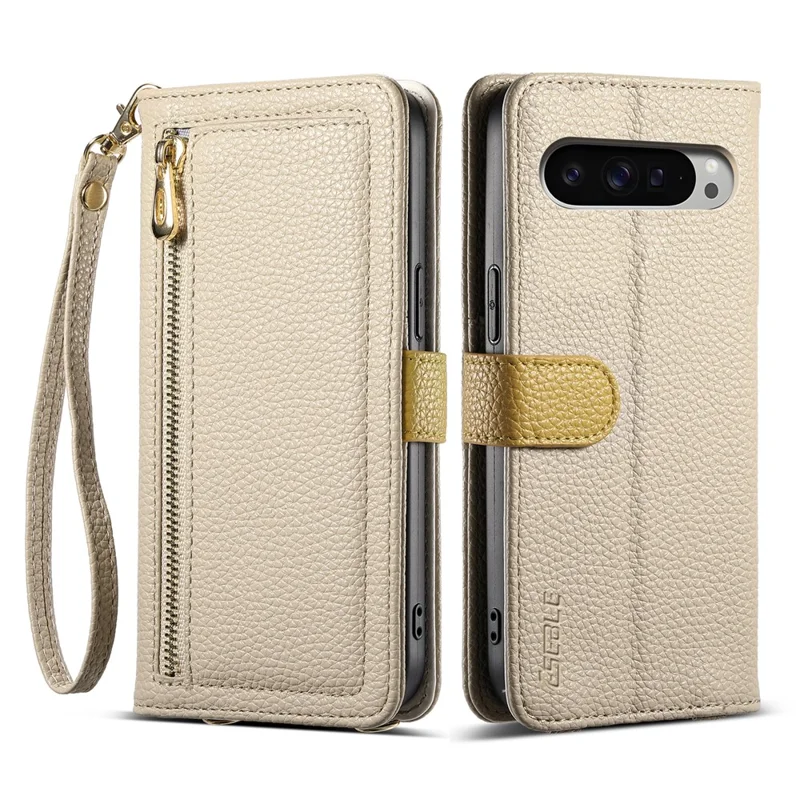 ESEBLE E11 For Google Pixel 9 Pro XL Case Zipper Pocket Litchi Texture Leather Phone Cover with Mirror and Wrist Strap - Khaki