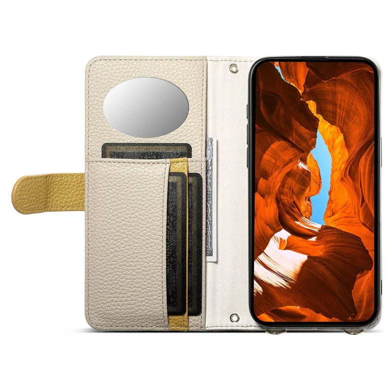 ESEBLE E11 For Google Pixel 9 Pro XL Case Zipper Pocket Litchi Texture Leather Phone Cover with Mirror and Wrist Strap - Khaki