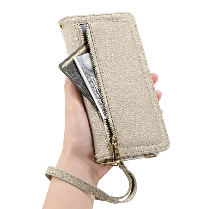 ESEBLE E11 For Google Pixel 9 Pro XL Case Zipper Pocket Litchi Texture Leather Phone Cover with Mirror and Wrist Strap - Khaki