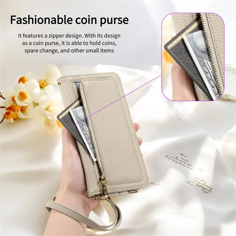 ESEBLE E11 For Google Pixel 9 Pro XL Case Zipper Pocket Litchi Texture Leather Phone Cover with Mirror and Wrist Strap - Khaki