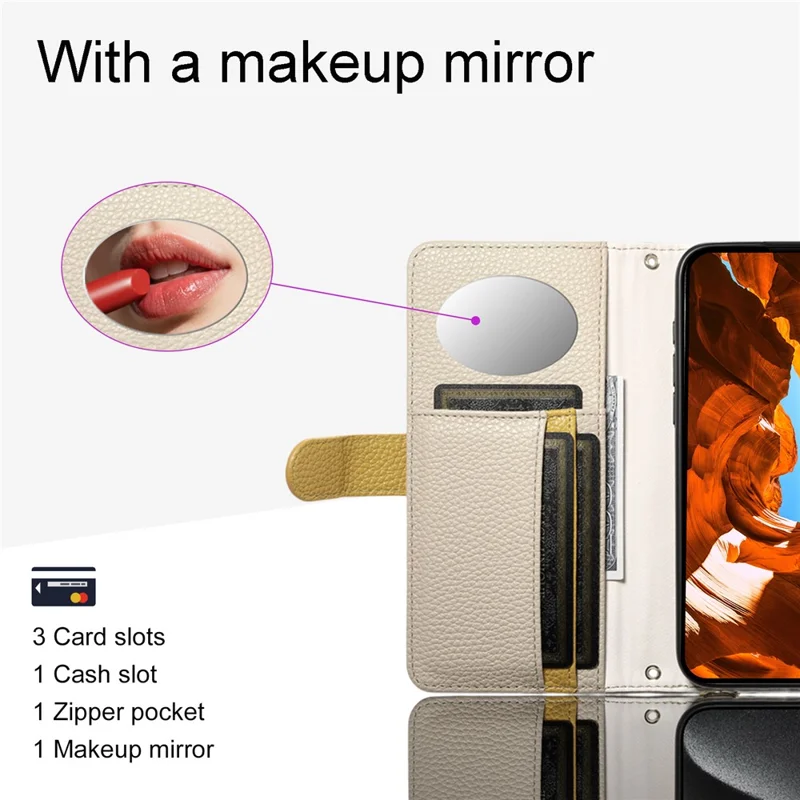 ESEBLE E11 For Google Pixel 9 Pro XL Case Zipper Pocket Litchi Texture Leather Phone Cover with Mirror and Wrist Strap - Khaki
