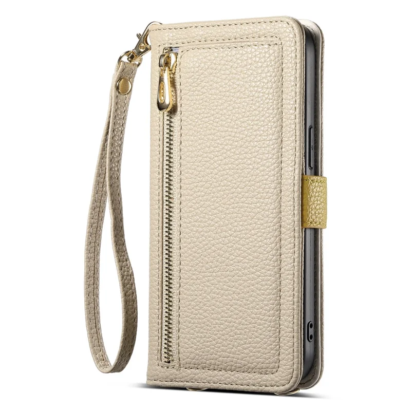 ESEBLE E11 For Google Pixel 9 Pro XL Case Zipper Pocket Litchi Texture Leather Phone Cover with Mirror and Wrist Strap - Khaki