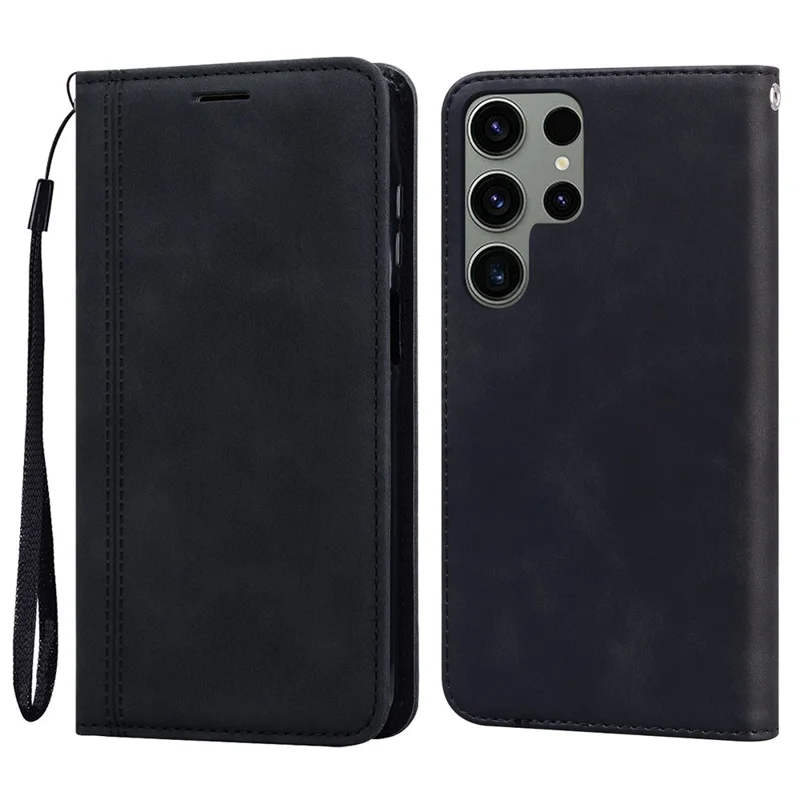 For Samsung Galaxy S25 Ultra Case Business Style Magnetic Closure Leather Phone Cover with Strap - Black