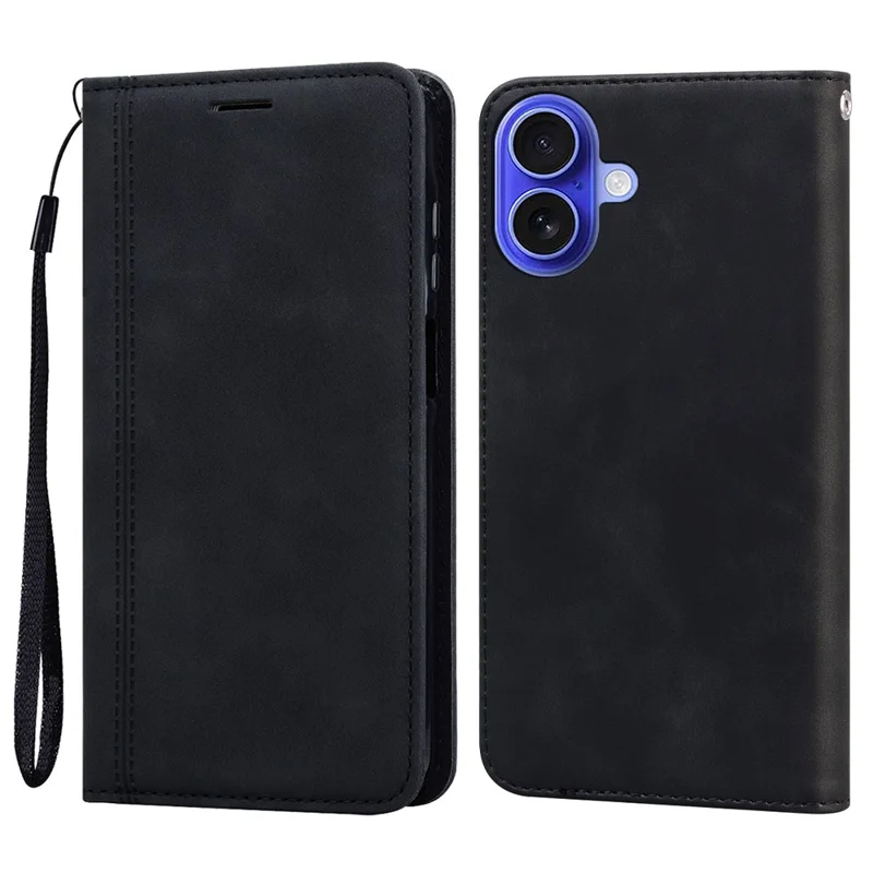 For iPhone 16 Plus Case Business Style Magnetic Closure Leather Phone Cover with Strap - Black