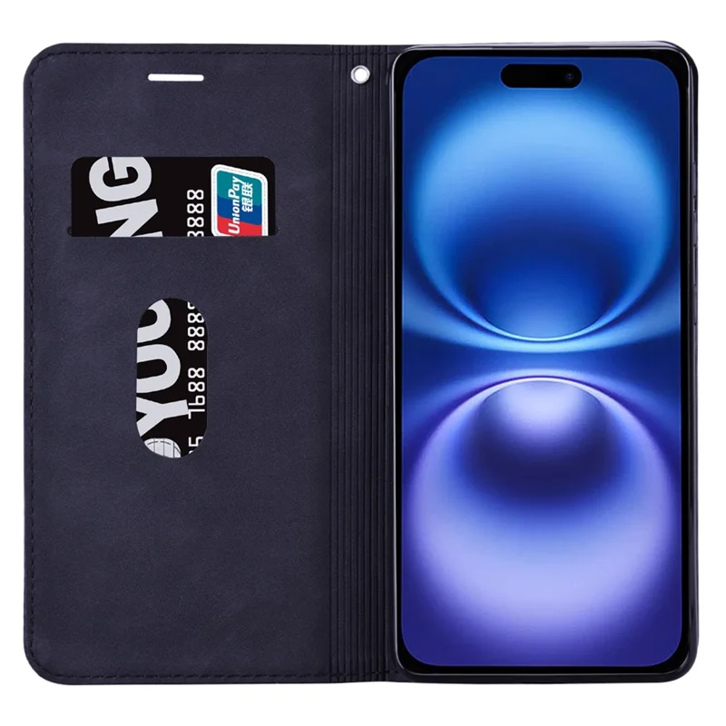 For iPhone 16 Plus Case Business Style Magnetic Closure Leather Phone Cover with Strap - Black