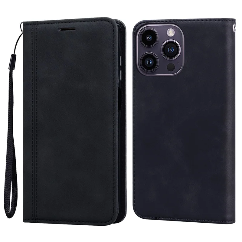For iPhone 15 Pro Max Case Business Style Magnetic Closure Leather Phone Cover with Strap - Black