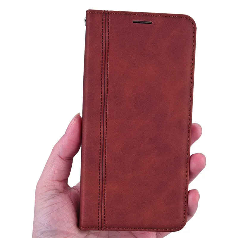 For iPhone 14 Pro Max Case Business Style Magnetic Closure Leather Phone Cover with Strap - Brown