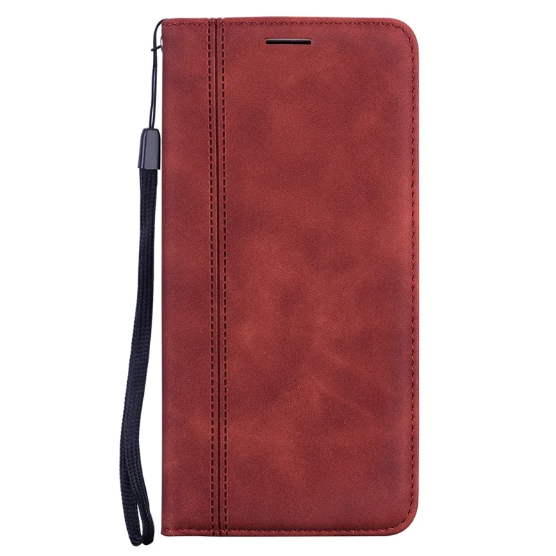 For iPhone 14 Pro Max Case Business Style Magnetic Closure Leather Phone Cover with Strap - Brown