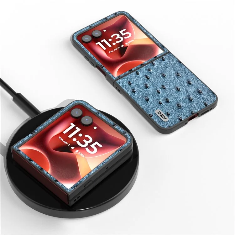 Capa ABEEL para Motorola Razr 60 Ultra com Textura de Avestruz Eletroplastificada em Couro Genuíno de Vaca - Azul