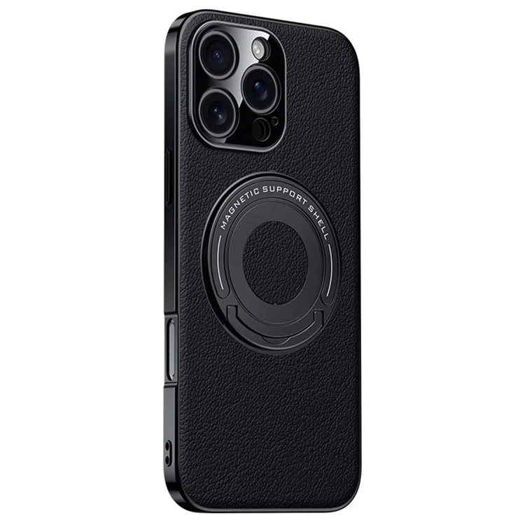 For iPhone 16 Pro Max Case Compatible with MagSafe Leather TPU Back Cover with Hidden Kickstand - Black