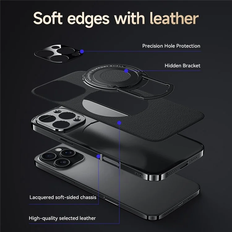 For iPhone 16 Pro Max Case Compatible with MagSafe Leather TPU Back Cover with Hidden Kickstand - Black