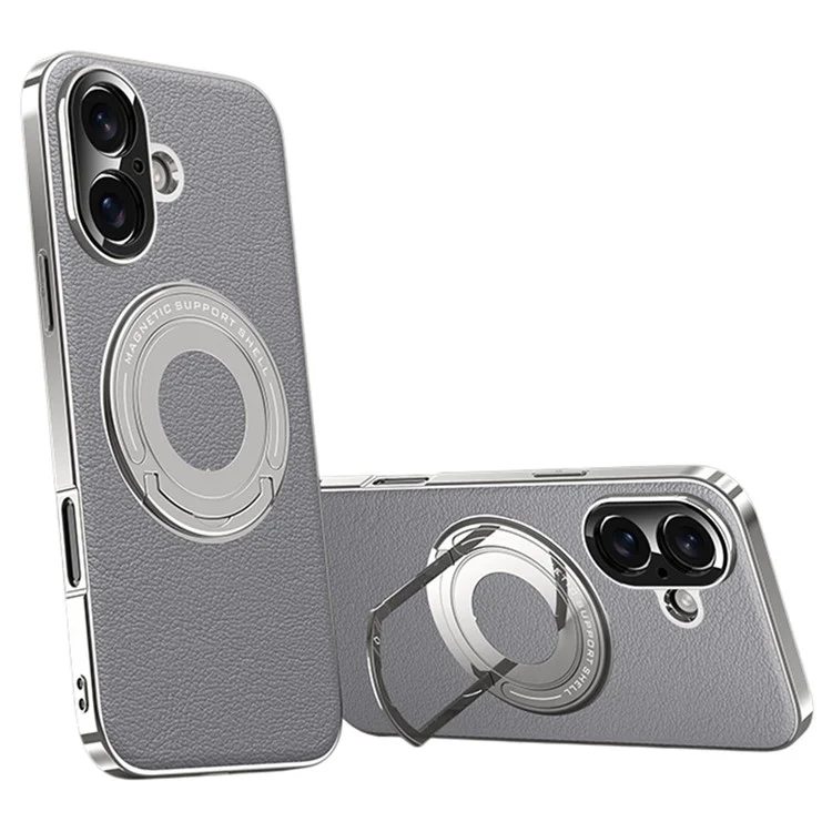 For iPhone 16 Case Compatible with MagSafe Leather TPU Back Cover with Hidden Kickstand - Grey