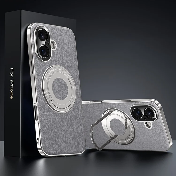 For iPhone 16 Case Compatible with MagSafe Leather TPU Back Cover with Hidden Kickstand - Grey