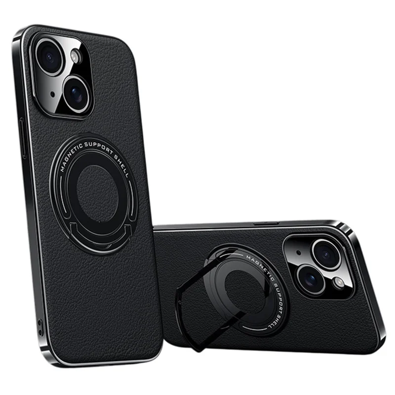 For iPhone 13 Case Compatible with MagSafe Leather TPU Back Cover with Hidden Kickstand - Black