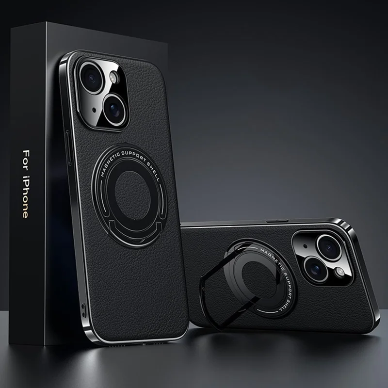 For iPhone 13 Case Compatible with MagSafe Leather TPU Back Cover with Hidden Kickstand - Black