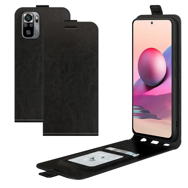 Pour Xiaomi Redmi Note 10 4G / Note 10S 4G / Poco M5s 4G PU Cuir Vertical Flip Téléphone Crazy Horse Texture Texture Carte Holder Anti-drop Cover - le Noir