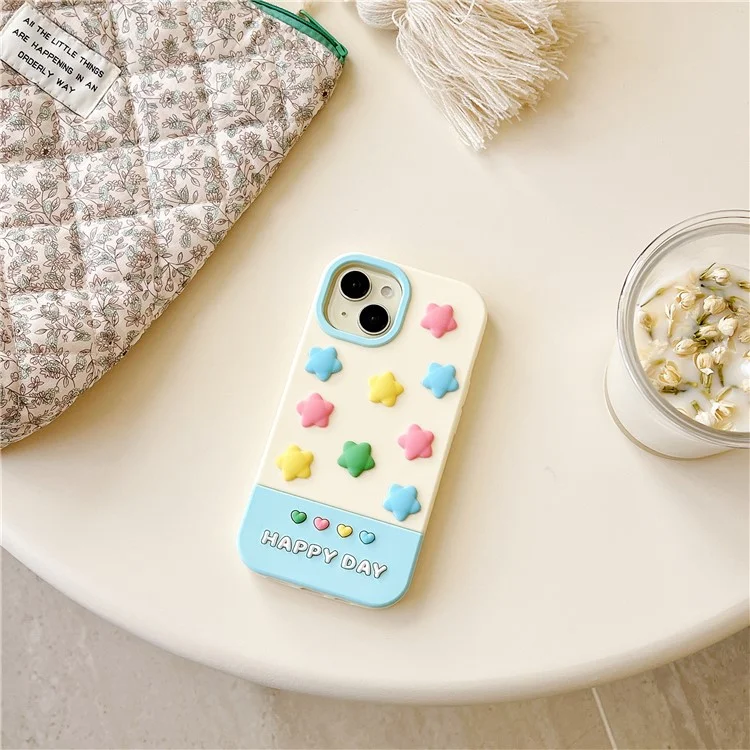 Étui en silicone pour iPhone 15 avec design mignon d'étoiles colorées en 3D, protection antichoc pour le dos du téléphone