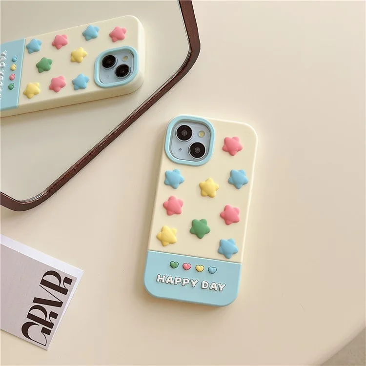 Étui en silicone pour iPhone 15 avec design mignon d'étoiles colorées en 3D, protection antichoc pour le dos du téléphone