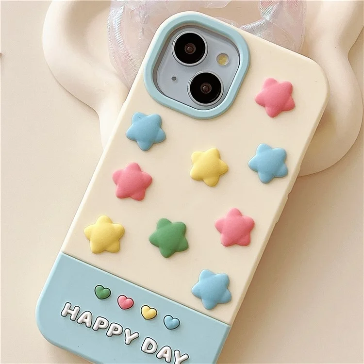 Étui en silicone pour iPhone 15 avec design mignon d'étoiles colorées en 3D, protection antichoc pour le dos du téléphone