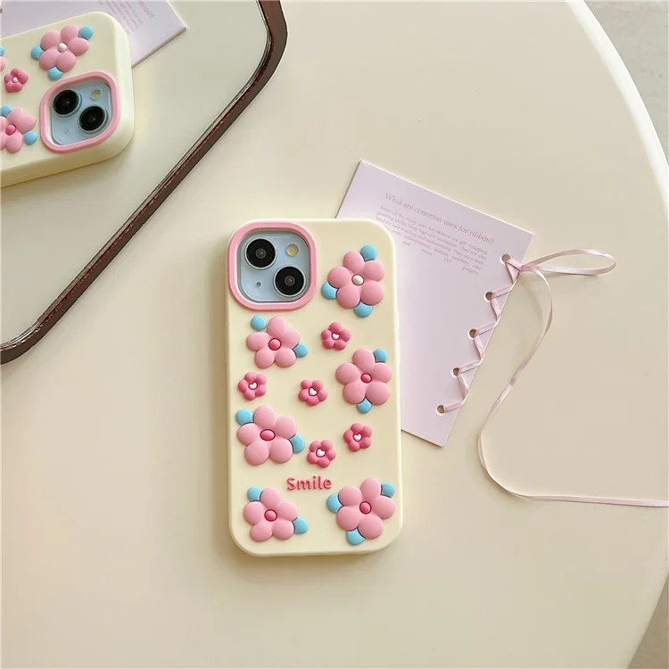 Чехол для iPhone 15 с силиконовым покрытием, милый 3D-смайл, розовый цветочный дизайн, ударопрочный защитный чехол