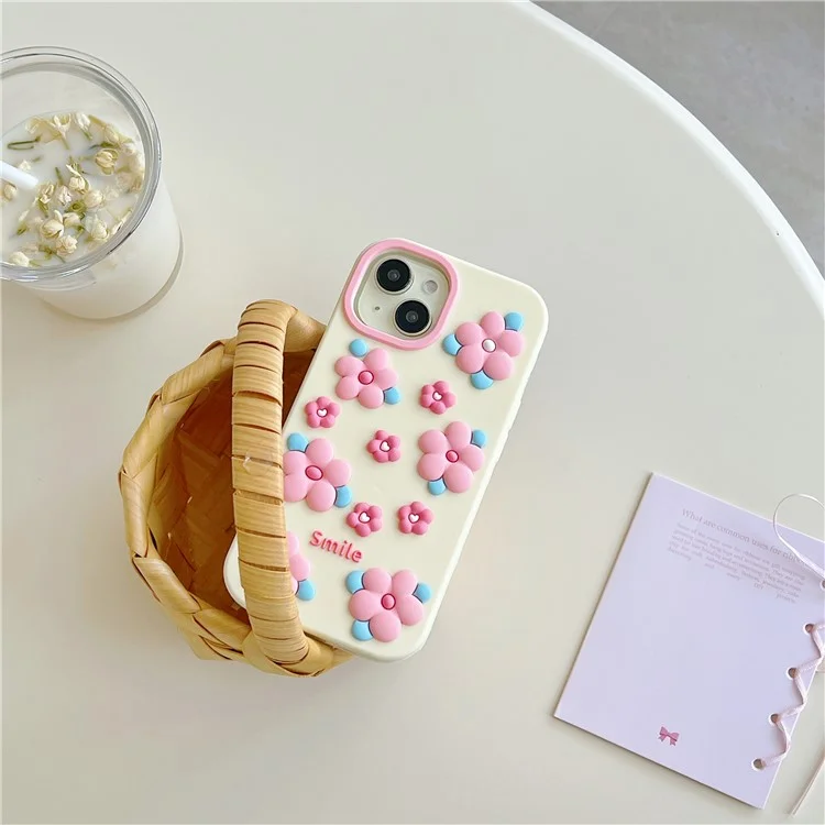 Чехол для iPhone 15 с силиконовым покрытием, милый 3D-смайл, розовый цветочный дизайн, ударопрочный защитный чехол