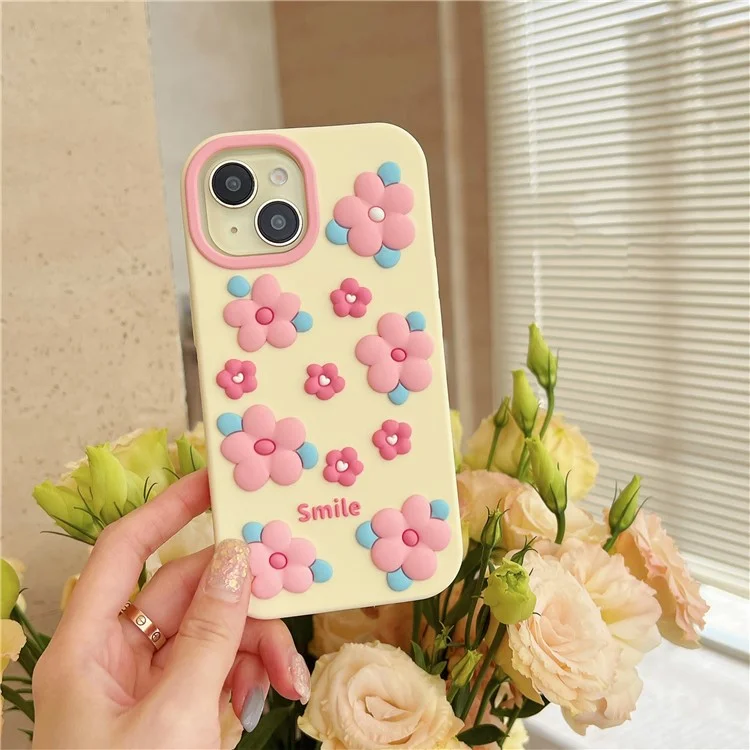 Чехол для iPhone 15 с силиконовым покрытием, милый 3D-смайл, розовый цветочный дизайн, ударопрочный защитный чехол