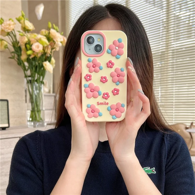 Чехол для iPhone 15 с силиконовым покрытием, милый 3D-смайл, розовый цветочный дизайн, ударопрочный защитный чехол