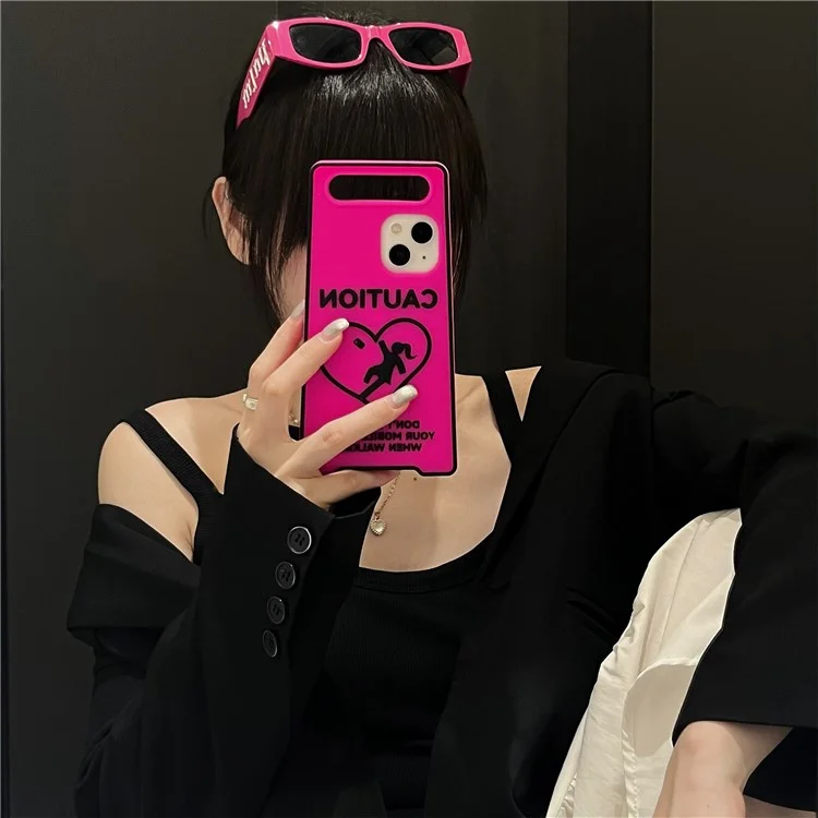 Für iPhone 15 Silikon-Leuchtendes Signage Design Stoßfeste Handyrückseite - Rose
