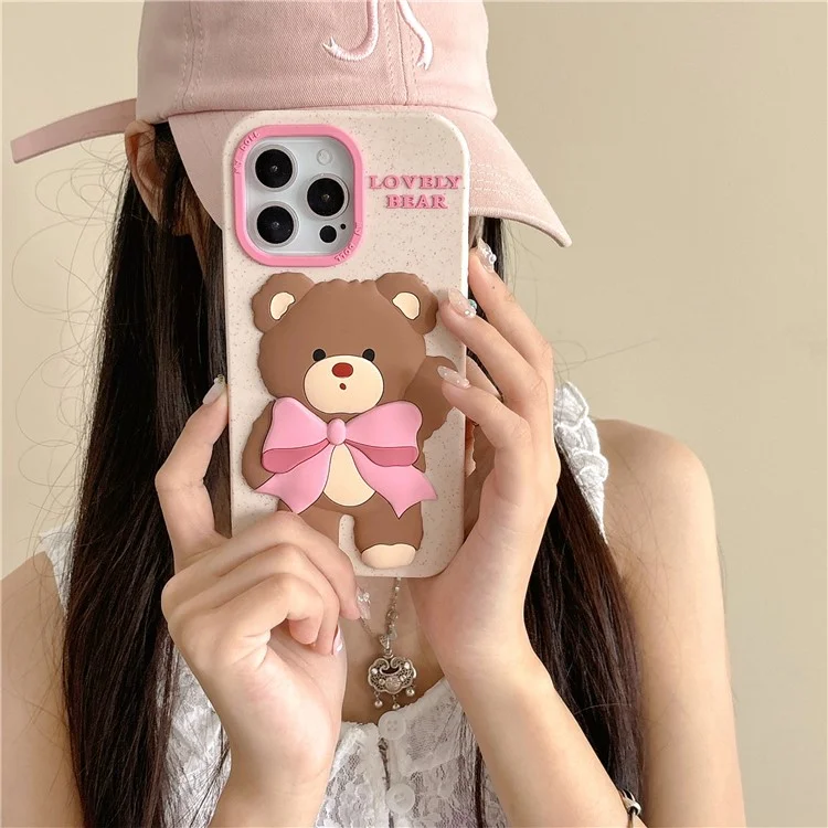 For iPhone 16 Pro Max Silicone Case Cute Bear Glitter Design Shockproof Phone Back Cover