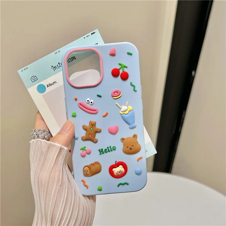 For iPhone 15 Silicone Case Cute Hello Bear Design Shockproof Phone Back Cover - Blue
