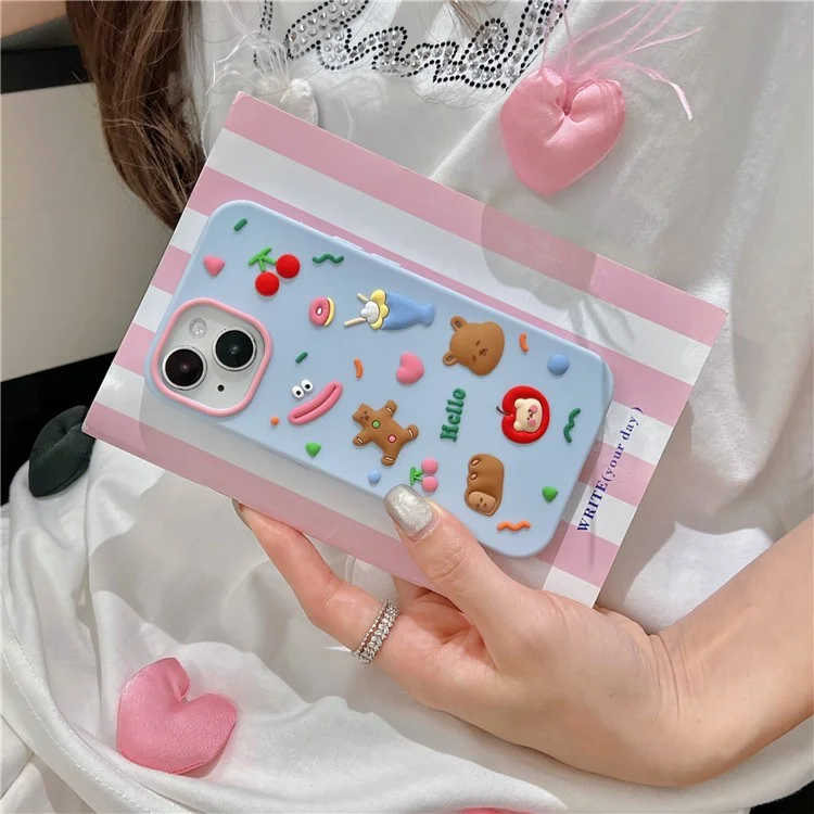 For iPhone 15 Silicone Case Cute Hello Bear Design Shockproof Phone Back Cover - Blue