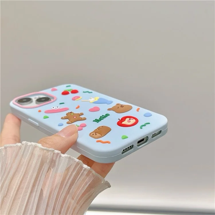 For iPhone 15 Silicone Case Cute Hello Bear Design Shockproof Phone Back Cover - Blue