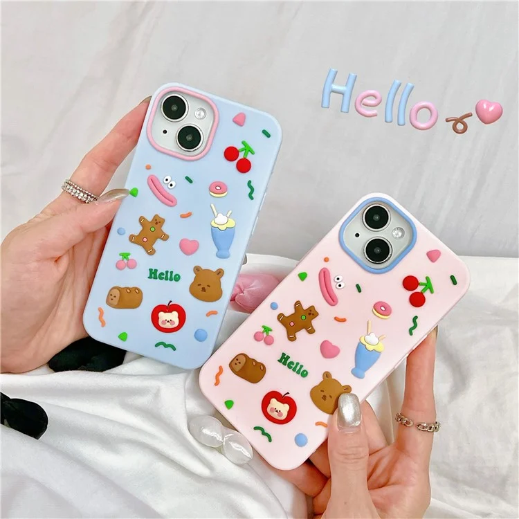 For iPhone 15 Silicone Case Cute Hello Bear Design Shockproof Phone Back Cover - Blue