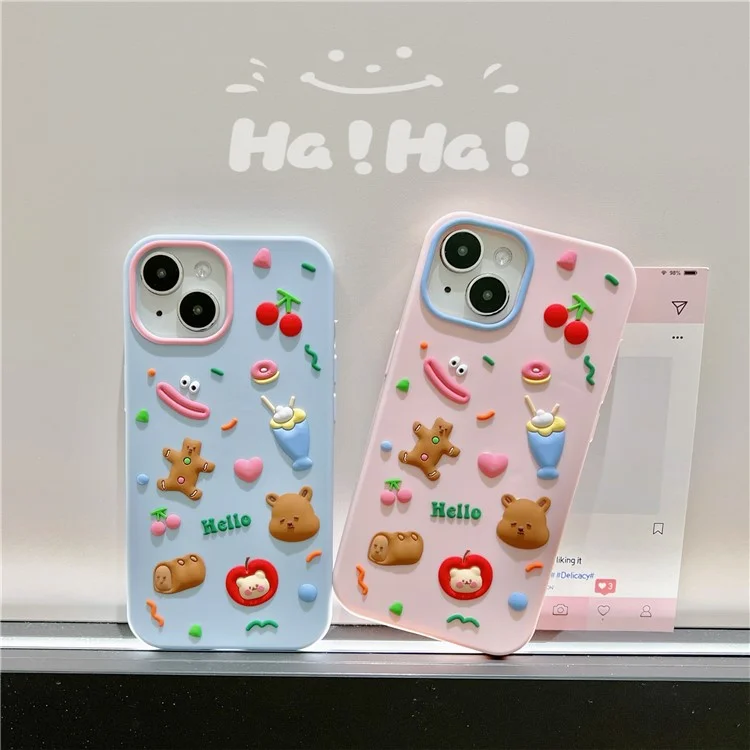 For iPhone 15 Silicone Case Cute Hello Bear Design Shockproof Phone Back Cover - Blue