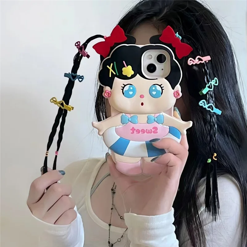 For iPhone 15 Silicone Case Cute Long Braided Girl Design Shockproof Phone Back Cover